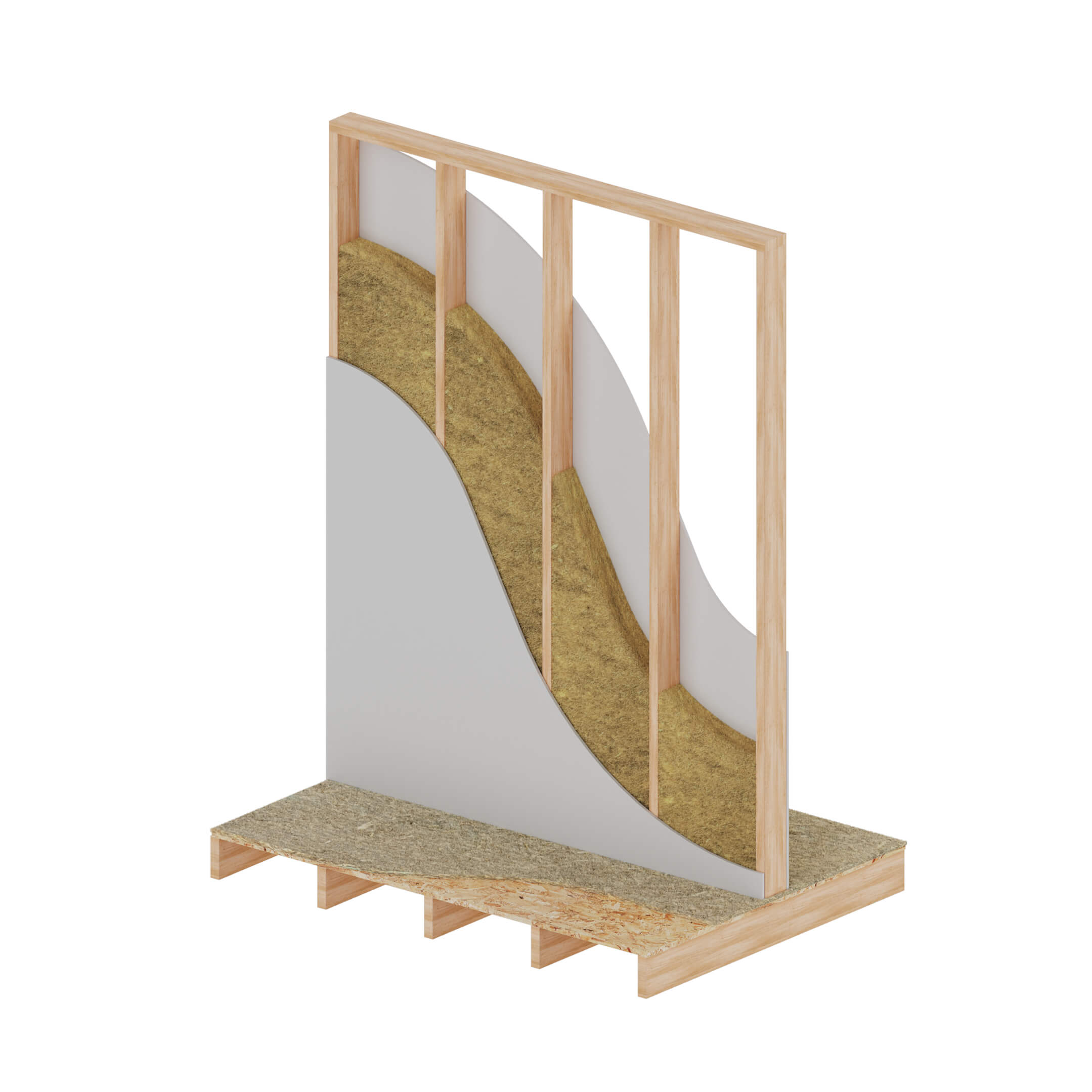 Cutaway of an interior timber-stud partition wall with hemp insulation in the cavities